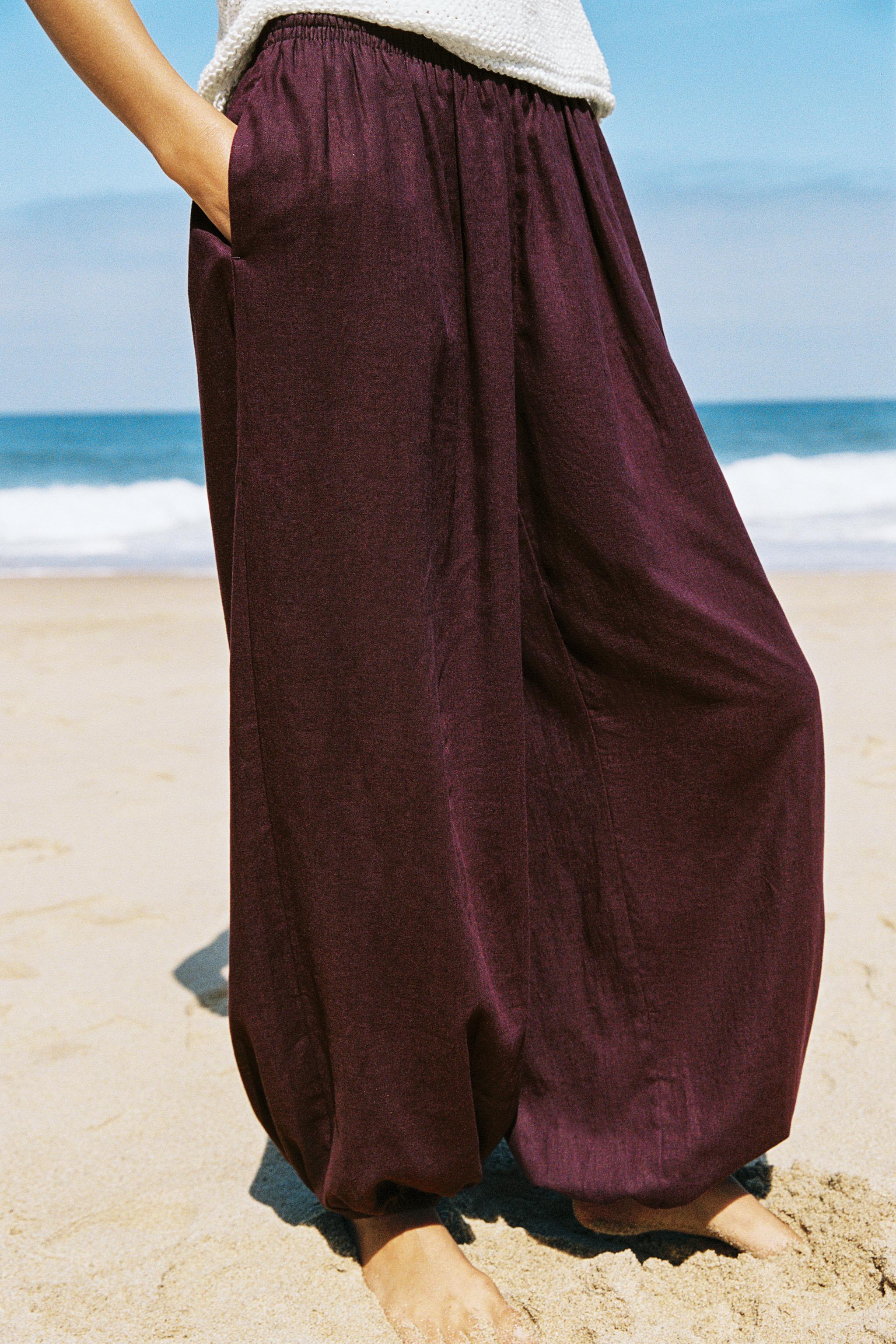 LINEN BALLOON PANTS — Eggplant