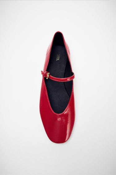 PATENT-EFFECT STRAPPY BALLET FLATS - Red by Zara