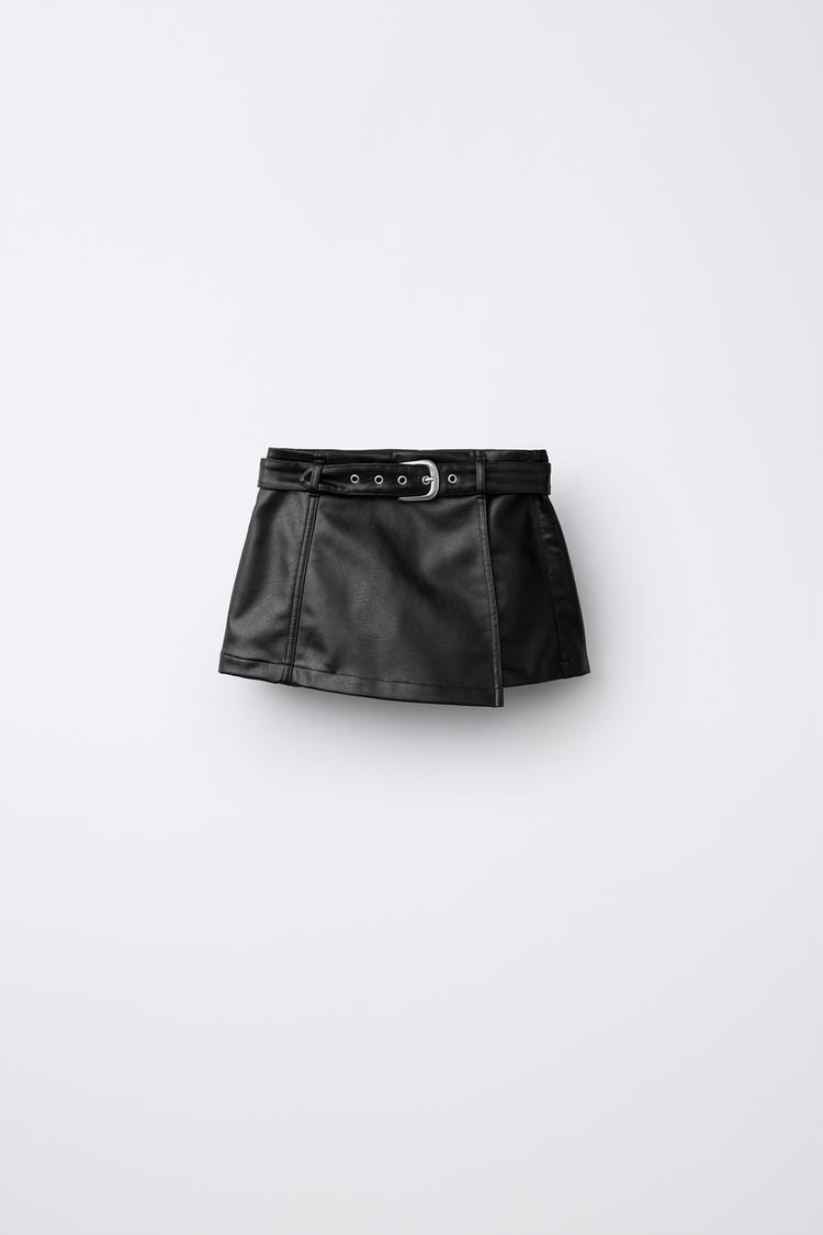 LEATHER-EFFECT BERMUDA SKIRT — Brown