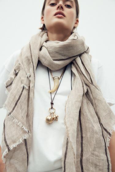 STRIPED 100% LINEN SCARF - Sand by Zara - Image 1