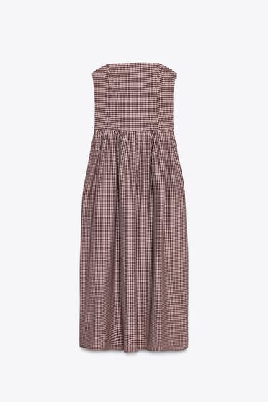GINGHAM CHECK STRAPLESS MIDI DRESS - Dark pink by Zara
