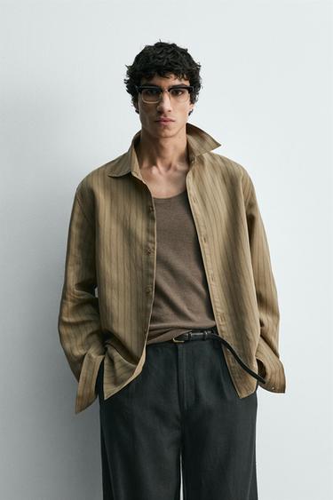 Zara FLOWY STRIPED SHIRT - Khaki