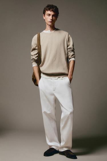 Zara Cotton blend straight-leg pants - Oyster-white
