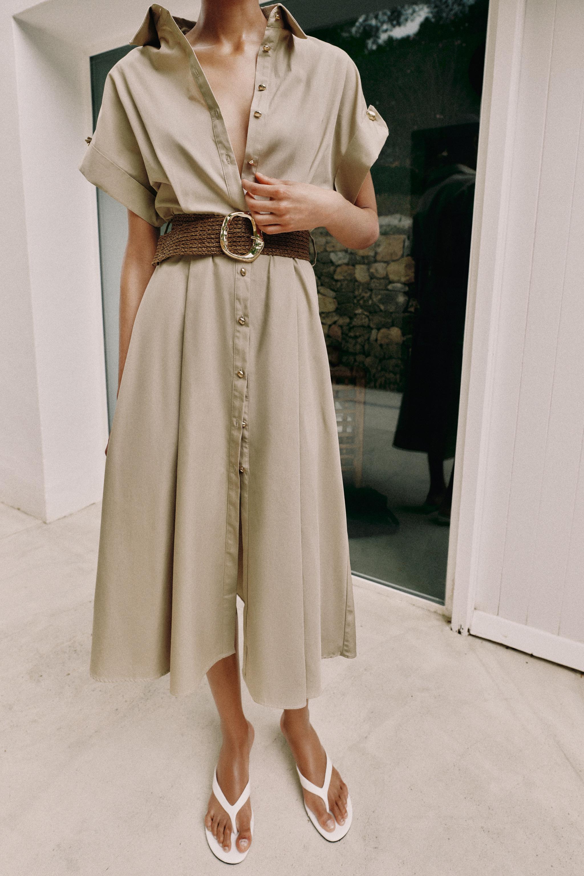Женские платья Zara BELTED POPLIN MIDI DRESS — фото 2