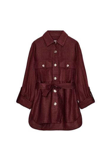 Zara BELTED LINEN SAFARI JACKET - Burgundy