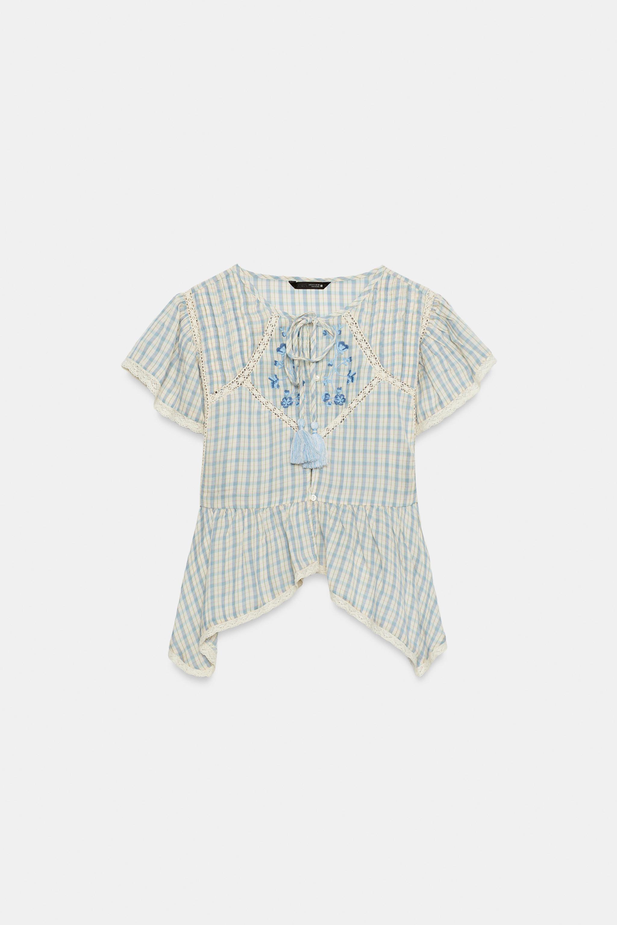 EMBROIDERED PLAID LACE INSERT TOP