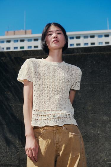 SHORT SLEEVE POINTELLE KNIT TOP - Ecru by Zara