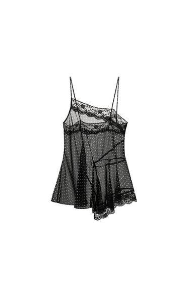 Zara POLKA DOT PRINT LACE TOP - Black