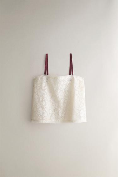 FLORAL COTTON TOP WITH LACE - Ecru by Zara - Image 0