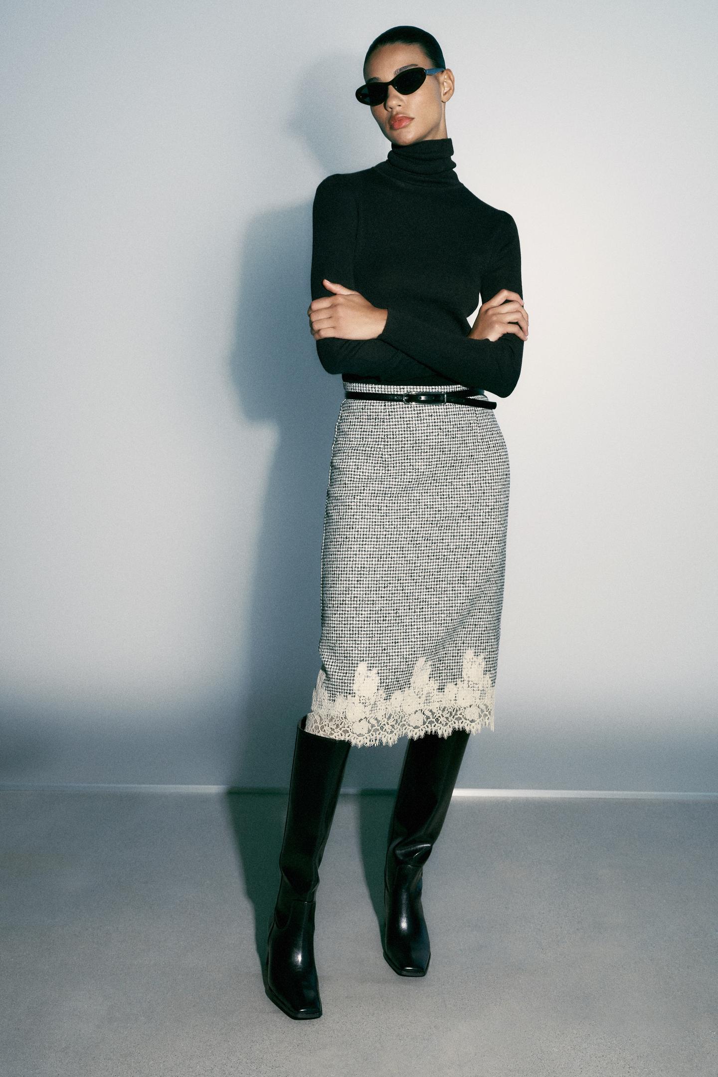 Женская юбка Zara Combined Lace MIDI, цвет: Чёрный / Белый