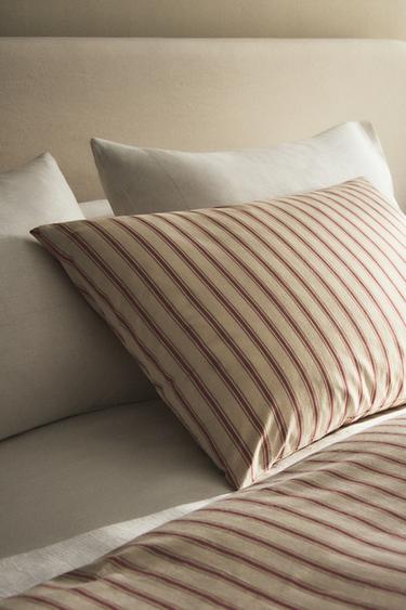 TAIE D’OREILLER PERCALE DE COTON RAYURES (300 FILS) - Rouge de Zara - Image 5
