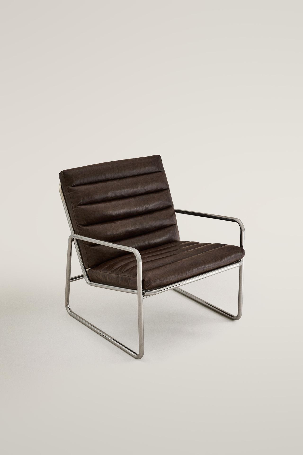 LEATHER AND STAINLESS STEEL ACCENT CHAIR — chocolate