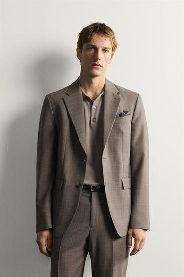 WOOL BLEND TEXTURED SUIT BLAZER - camel by Zara