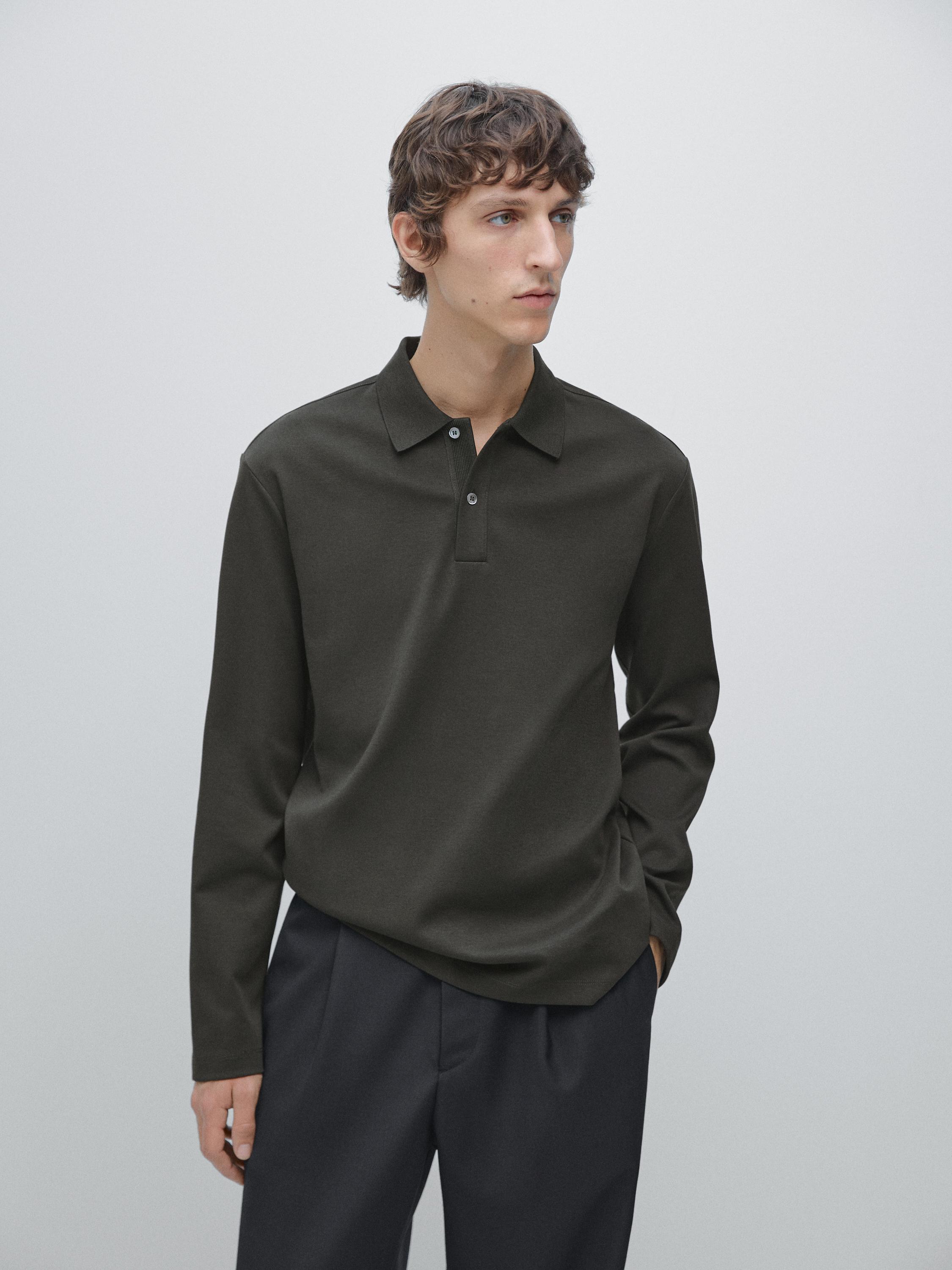 Long sleeve polo shirt with ribbed detail