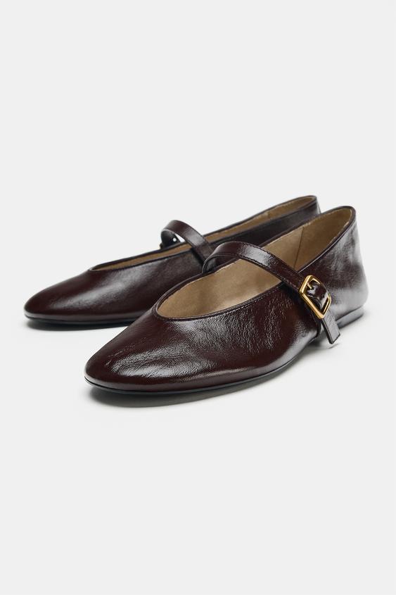 LEATHER BUCKLE BALLET FLATS - Chocolate Brown by Zara - Image 3