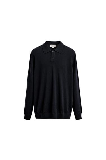 Zara 100% WOOL KNIT POLO SHIRT - Navy blue