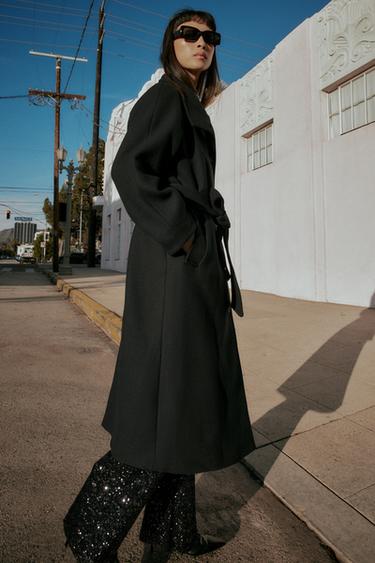 ABRIGO LARGO CON LANA CUELLO SUBIDO - Negro de Zara