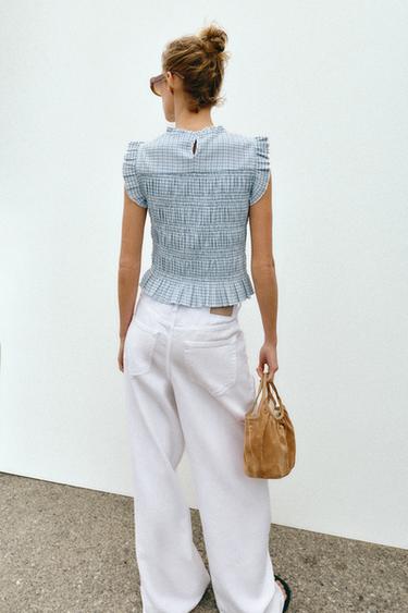 GINGHAM SMOCKED TOP - Ecru / Blue by Zara - Image 4