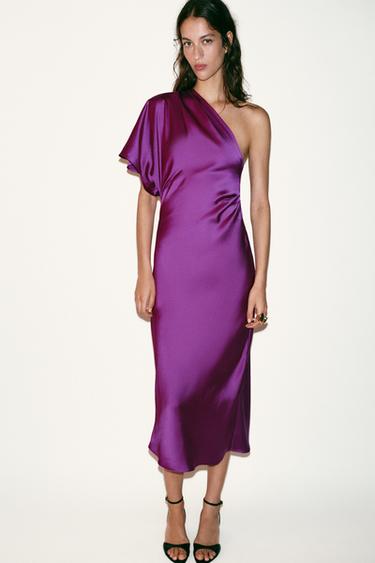 ASYMMETRIC SATIN MIDI DRESS - Purple by Zara