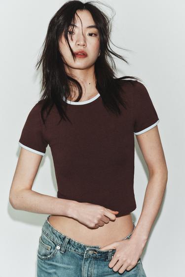 CONTRAST TRIM T-SHIRT - Brown by Zara