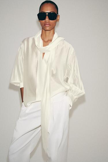 ZW COLLECTION SATIN SHIRT WITH TIES - Oyster-white by Zara