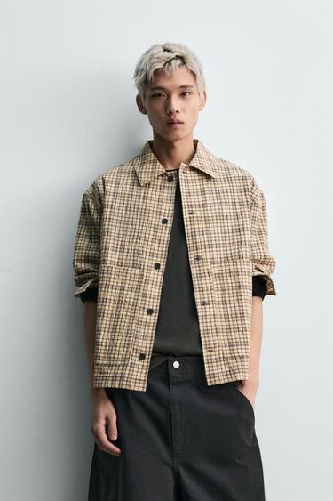TEXTURED CHECK OVERSHIRT - Beige by Zara