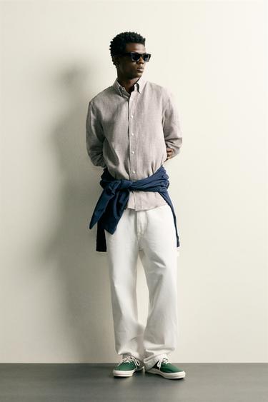 CAMISA REGULAR FIT CUADROS 100% LINO - Tostado de Zara