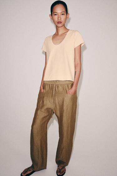 リネン混パンツ ZWコレクションミディアムキャメルZaraのリネン混パンツ ZWコレクション - ミディアムキャメル 