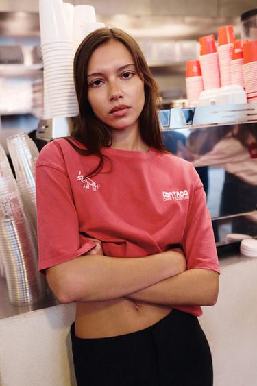 Zara CUT PRINT WASHED EFFECT T-SHIRT - Red