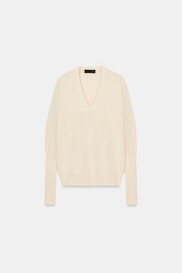 ZELO TANKO PLETEN PULOVER Z V-IZREZOM - Srednja ekru od Zare