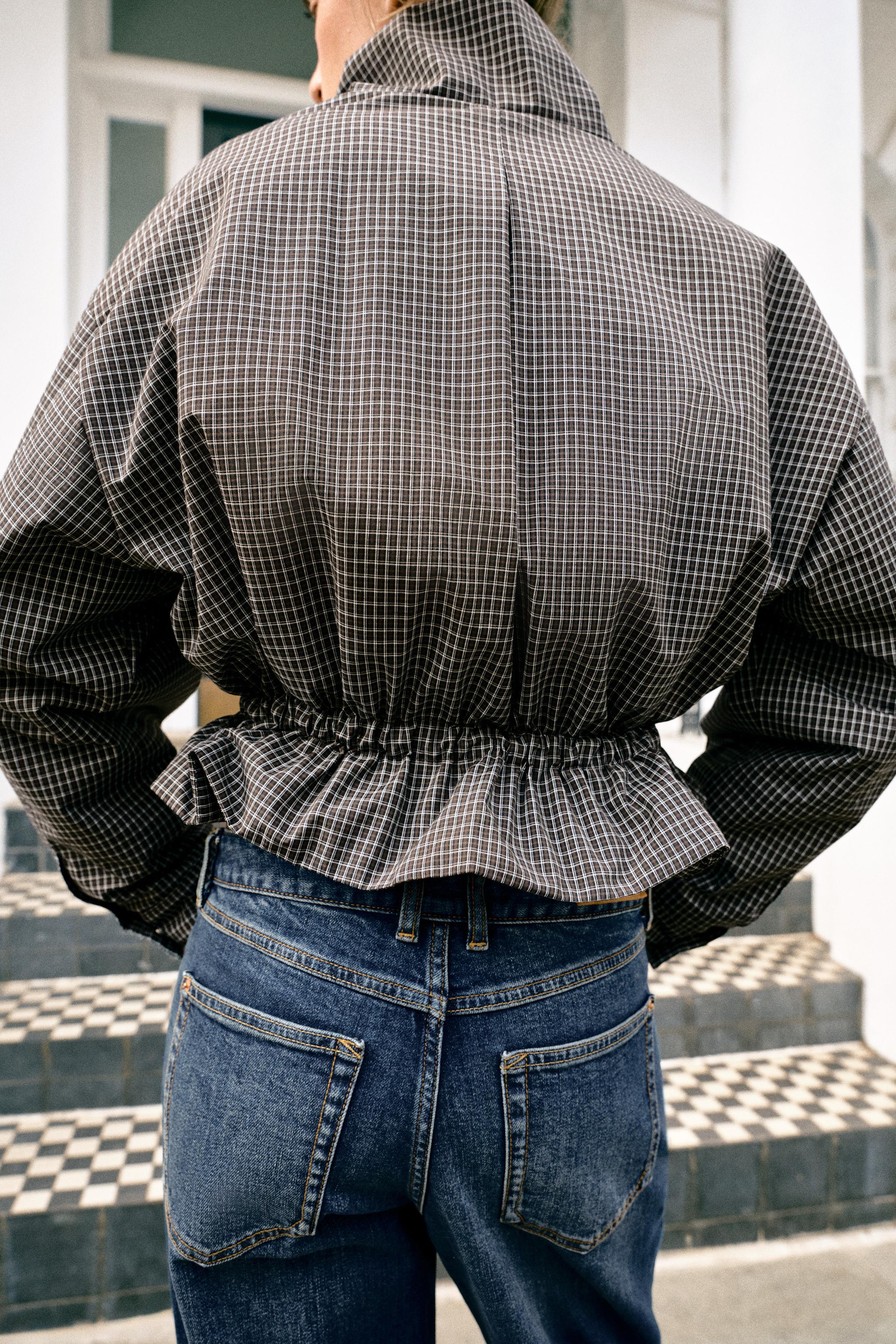 QUILTED CHECK STAND-UP COLLAR JACKET