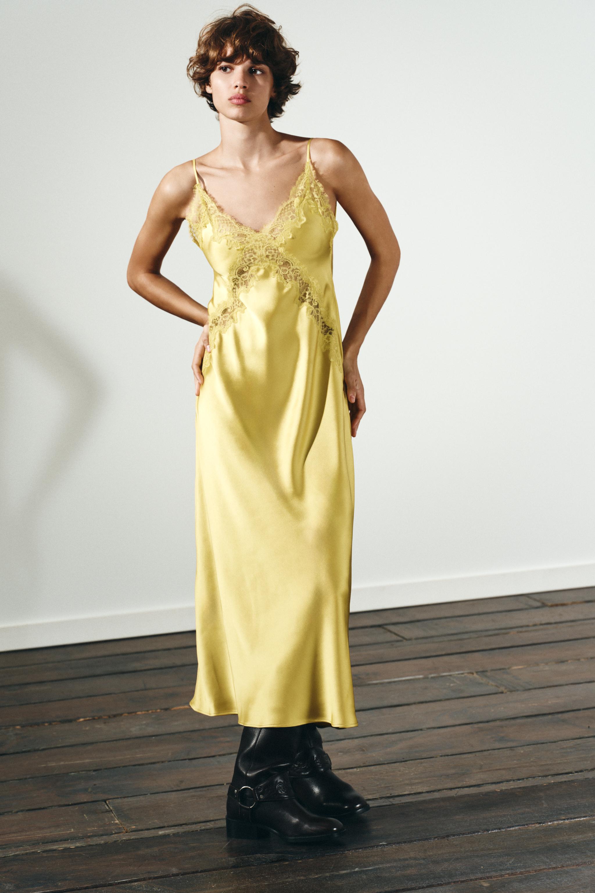 レース付きサテンミディワンピース - グレープフルーツイエロー