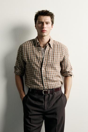 100% LINEN CHECK SHIRT - Khaki by Zara