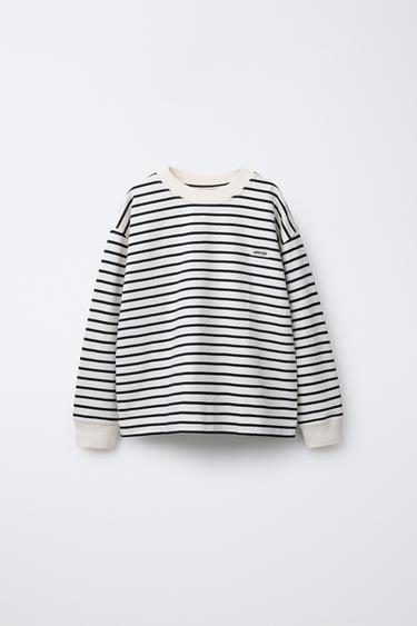 Zara STRIPED HEAVY JERSEY T-SHIRT - Ecru / Black