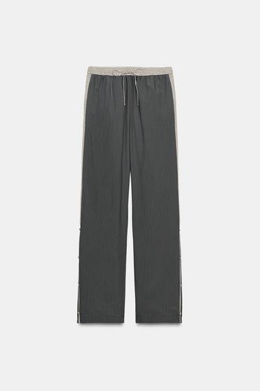 Zara STRIPED VISCOSE BLEND PANTS - Dark anthracite
