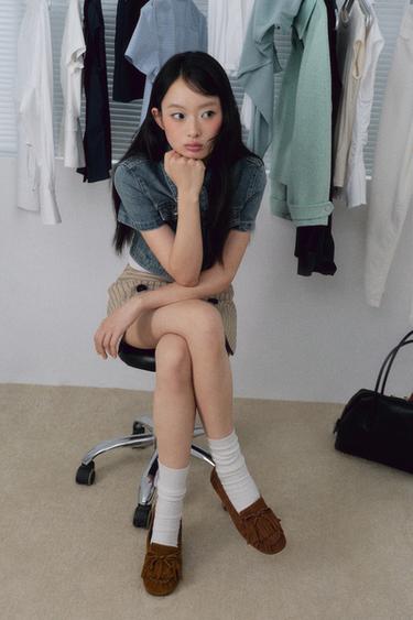 Zara 流蘇絨面真皮平底莫卡辛鞋 - 深棕黃色