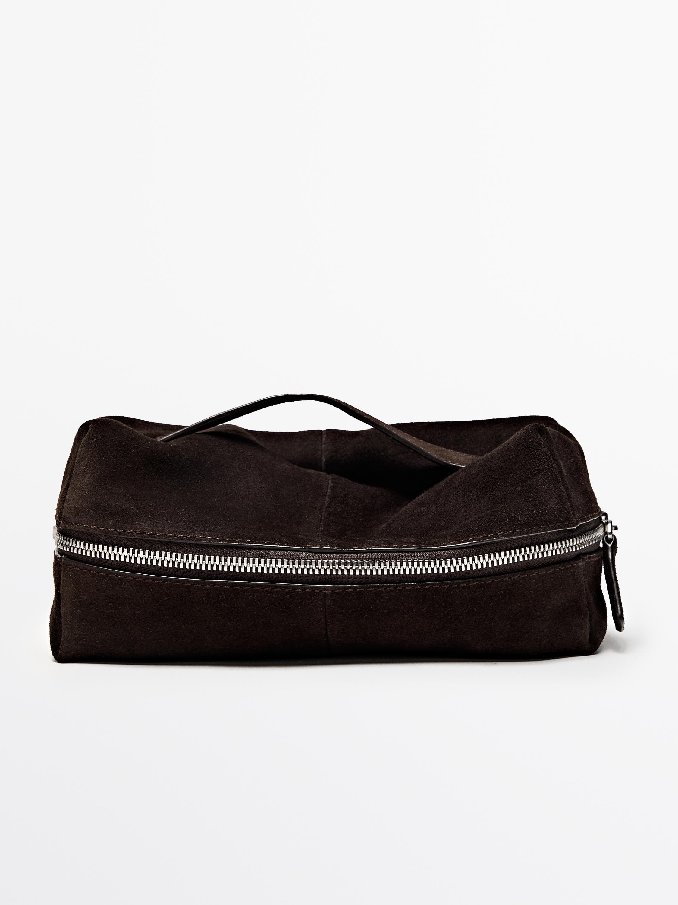 Suede leather toiletry bag with zip