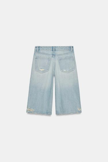 TRF MID-RISE RIPPED DENIM JORTS BERMUDA SHORTS - Light blue by Zara