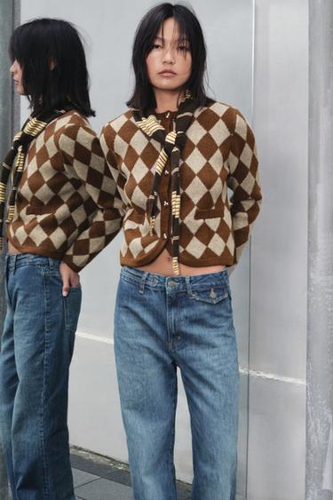 Zara 菱形緹花針織外套 - 棕色 / 裸色