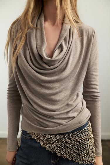 Zara DRAPED LYOCELL T-SHIRT - Beige marl