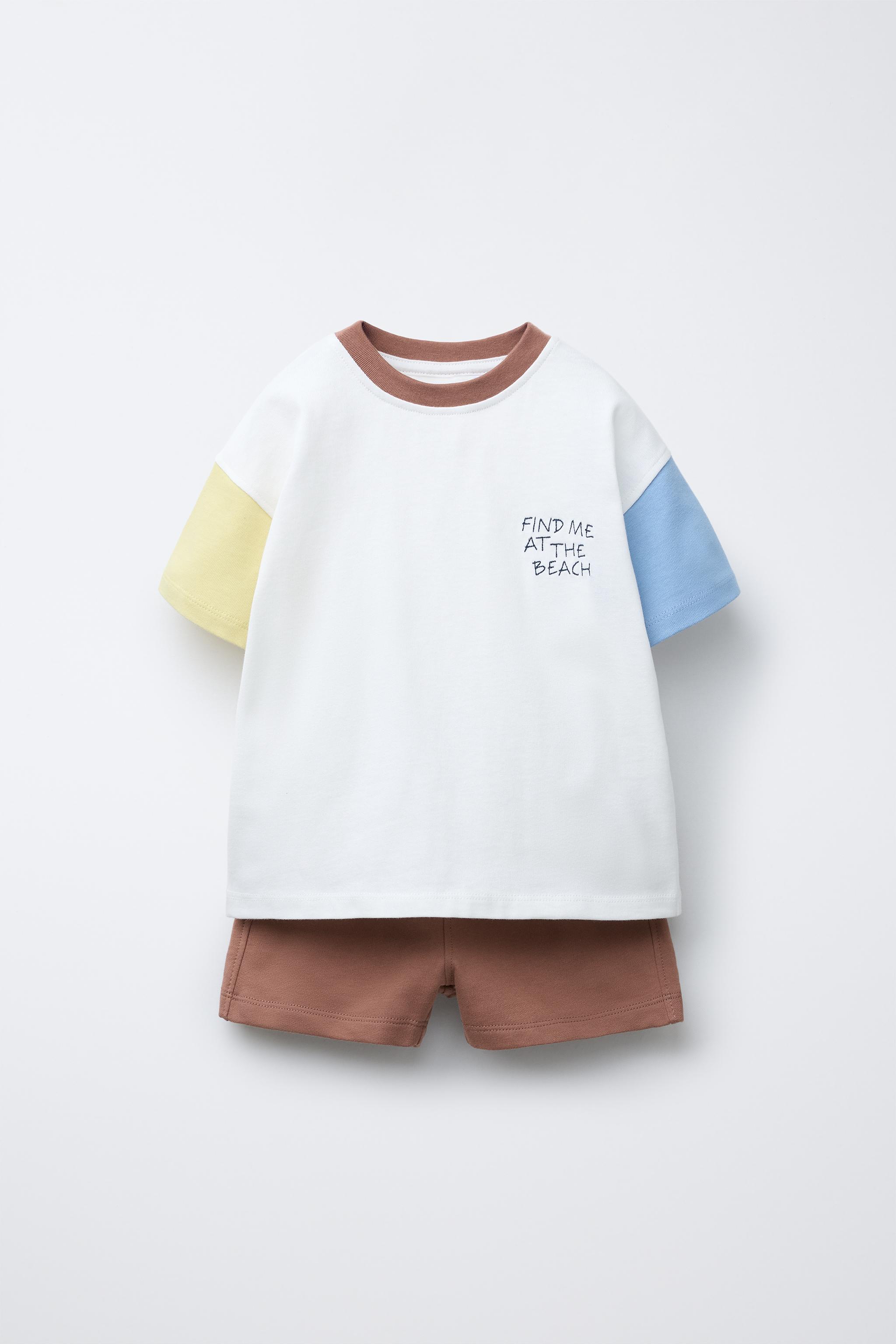 カラーブロックジョギングTシャツ＆ベルムーダセット - ブラウン