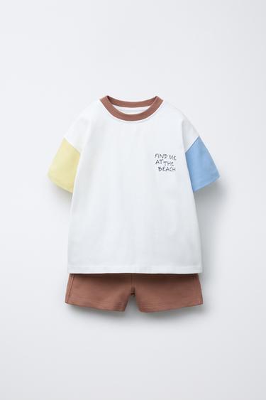 Zara COLOR BLOCK JOGGING T-SHIRT AND BERMUDA SET - Brown