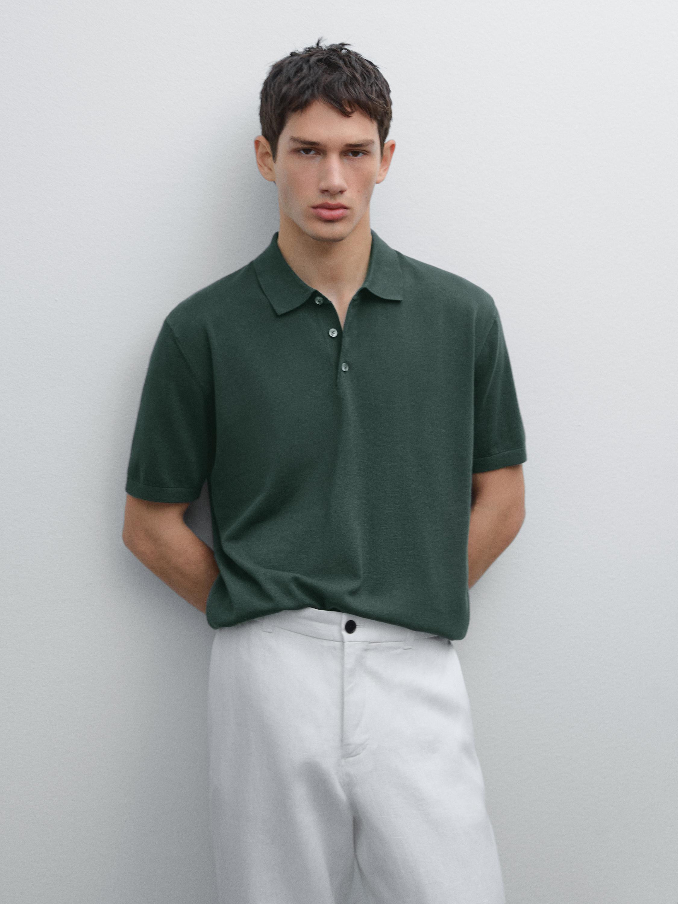 Short sleeve cotton knit polo shirt - Grayish Green | ZARA
