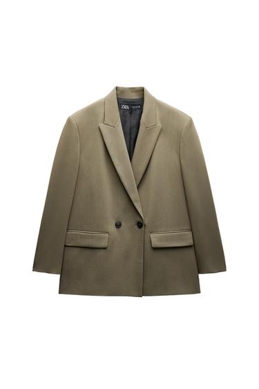 Front view of a brown jacket with lapels and double-breasted buttons, flap pockets.