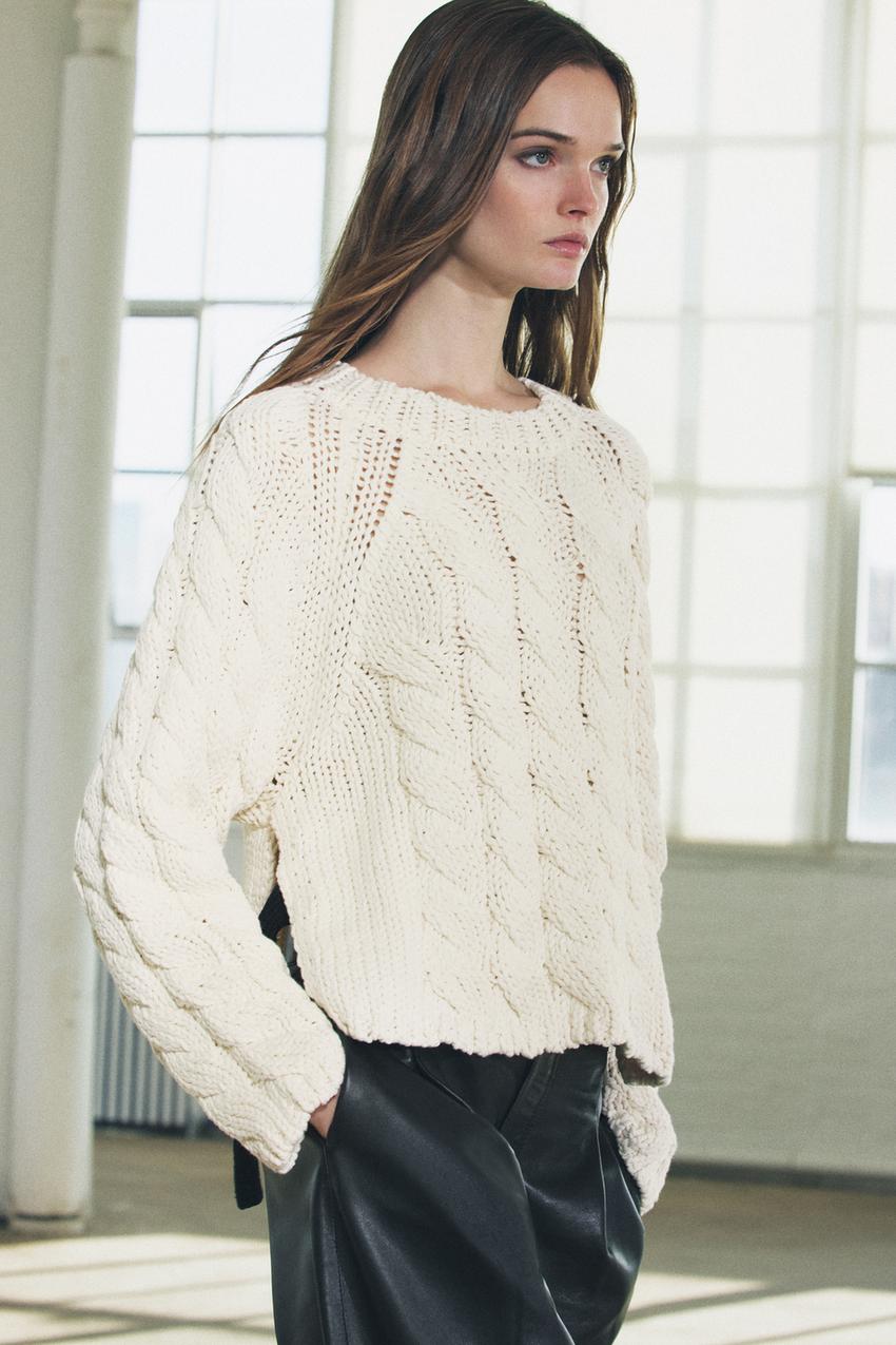 CABLE KNIT SWEATER WITH SIDE STRAPS - Ecru / Black | ZARA United 