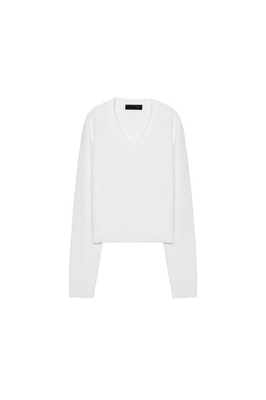 V-NECK KNIT JUMPER - White by Zara