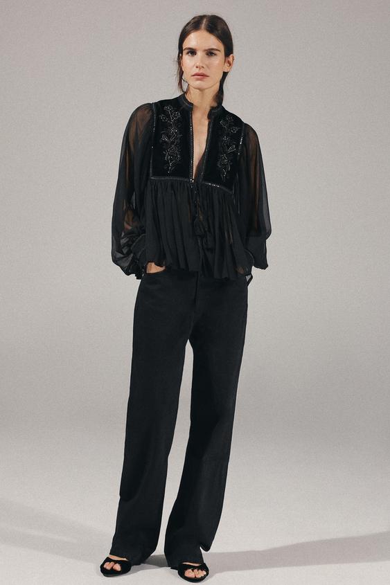 COMBINED VELVET SEQUIN BLOUSE - Black by Zara - Image 0