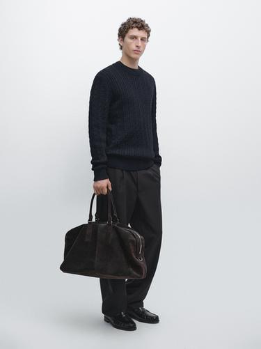 Zara Cable-knit 100% cotton sweater with crew neck - Navy blue