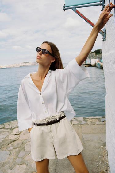 CHEMISE EN POPELINE RAYÉE À MANCHES AMPLES - Blanc de Zara