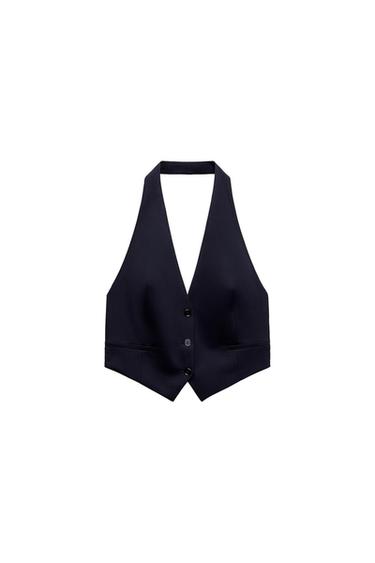 Black sleeveless waistcoat with three front buttons and two pockets, on a white background.